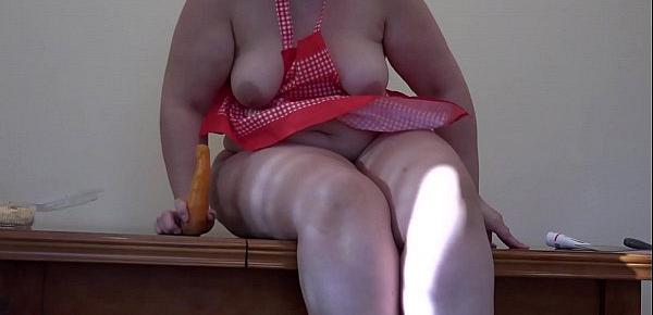  Organic masturbation on the kitchen table, bbw with carrot and cream fuck anal and hairy pussy.